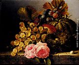 Edward Ladell Wall Art - Still Life With A Birds Nest, Roses, A Melon And Grapes